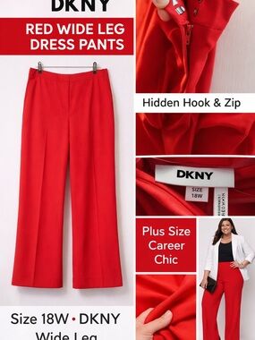DKNY Red Wide Leg Dress Pants 18W | Hidden Hook & Zip | High Rise | Plus Size